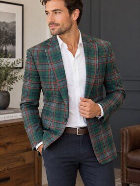 J Ferrar Mens S 34 36 Green Red Tartan Plaid Slim Blazer Preppy Holiday Sport Co